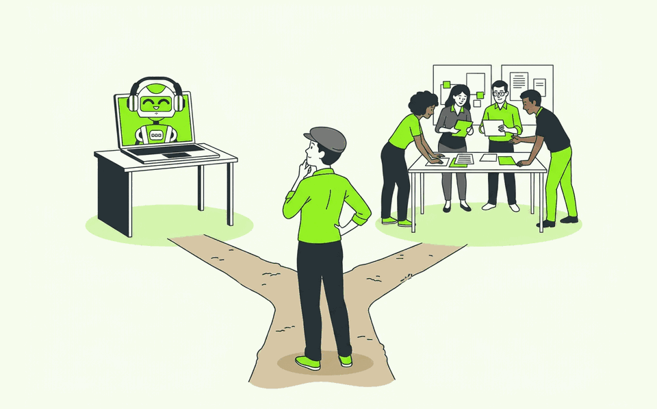 Illustration of choosing between AI writing and a content agency