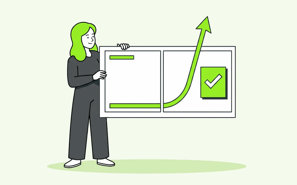 Illustration of a before-and-after growth story on a board