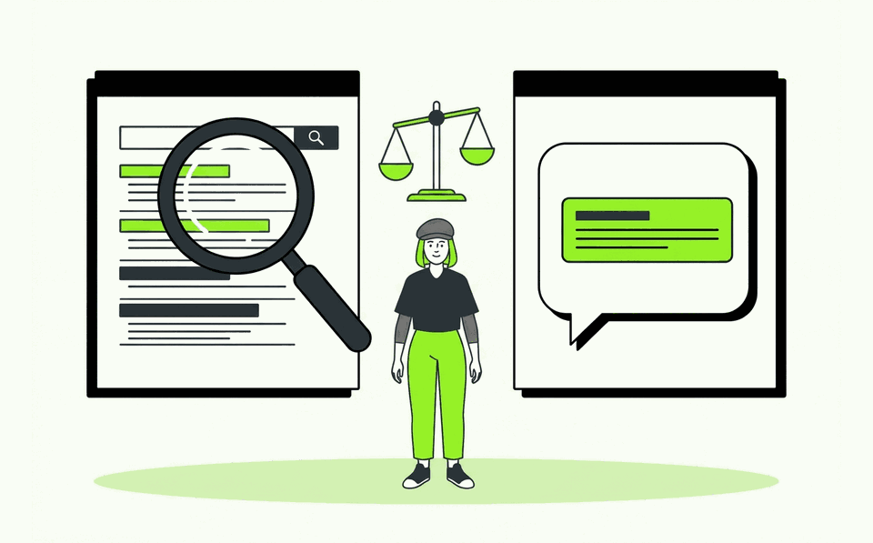 Illustration comparing a Google search panel and an AI answer